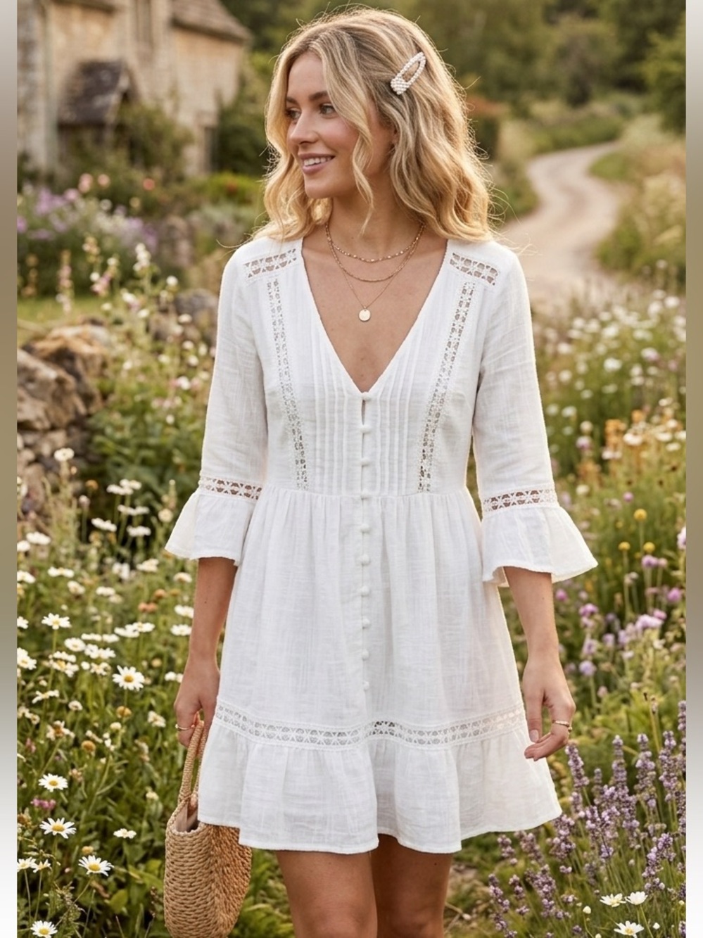 Polly White Lace Mini Dress Size 2 Boho Coquette Cottagecore Fairycore Festival